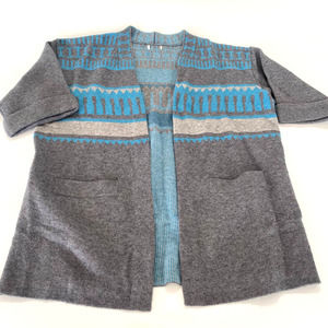 Sundance lambs wool cashmere open cardigan sweater gray blue geometric print LG